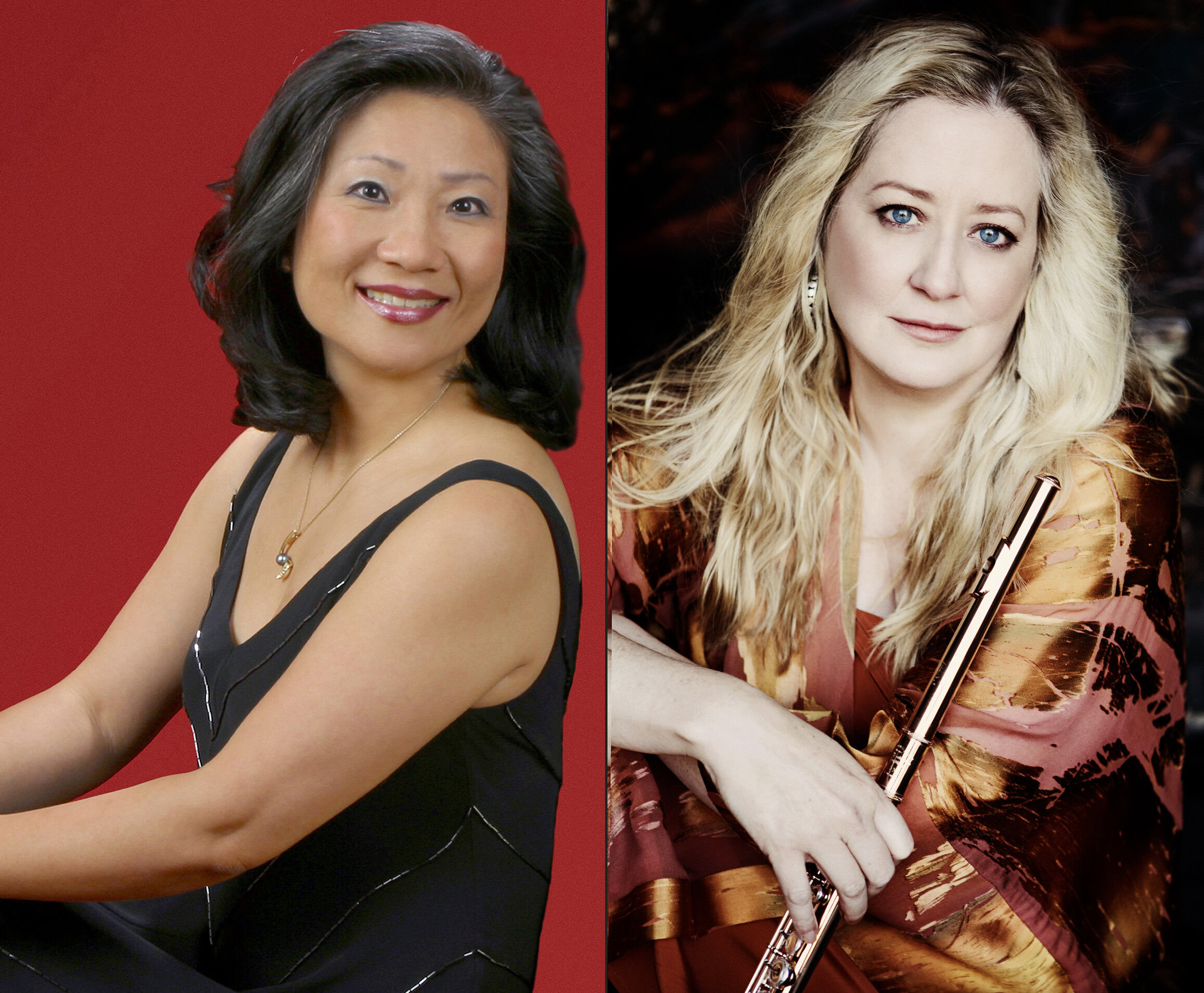 Mihae Lee, pianist (left) and Tara Helen O'Connor, flutist, pictured with flute (right)