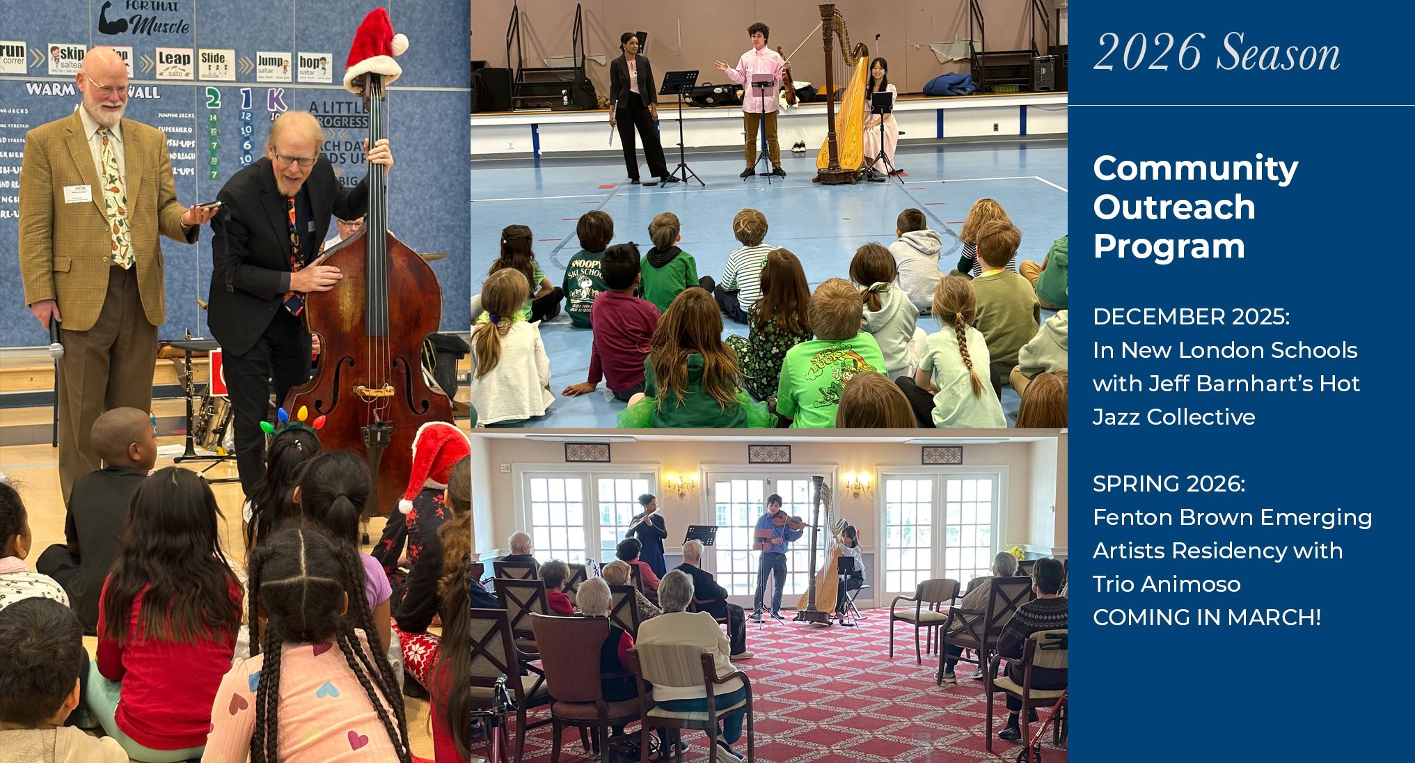 Three Photos: 2 Jazz musicians showing children a string bass; Trio Animoso - flute, viola, harp - performing for children in a gym and older folks in a senior community.